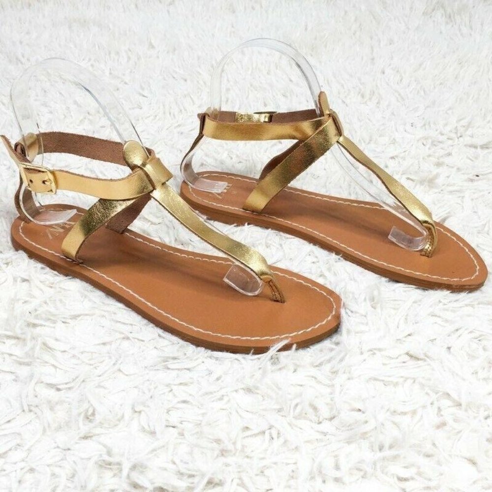 Zara Gold and Tan Leather T-Strap Sandals